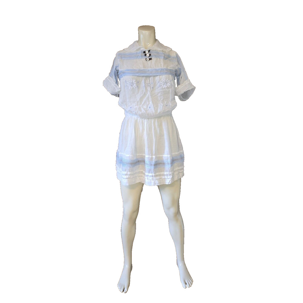 Antique Victorian Edwardian White Embroidered Blue Stripe Sailor Collar Dress